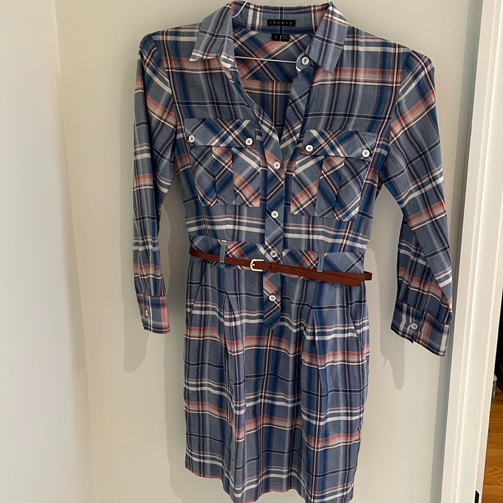 Theory blue, pink, white plaid button down shirt dress with belt, size 0